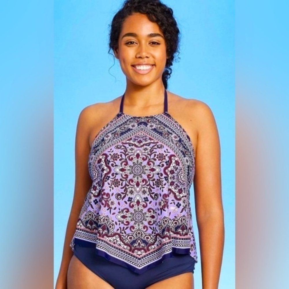 Kona Sol Womens High-Neck Purple Multi Floral Taking Top,Size M( 8- 10)